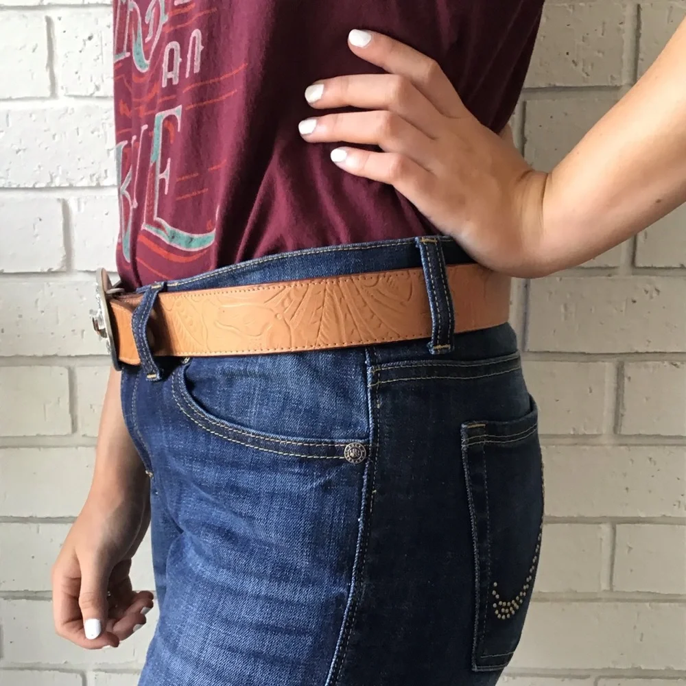 Moulin Rogue Silver Buckle Tan Tooled Leather Belt